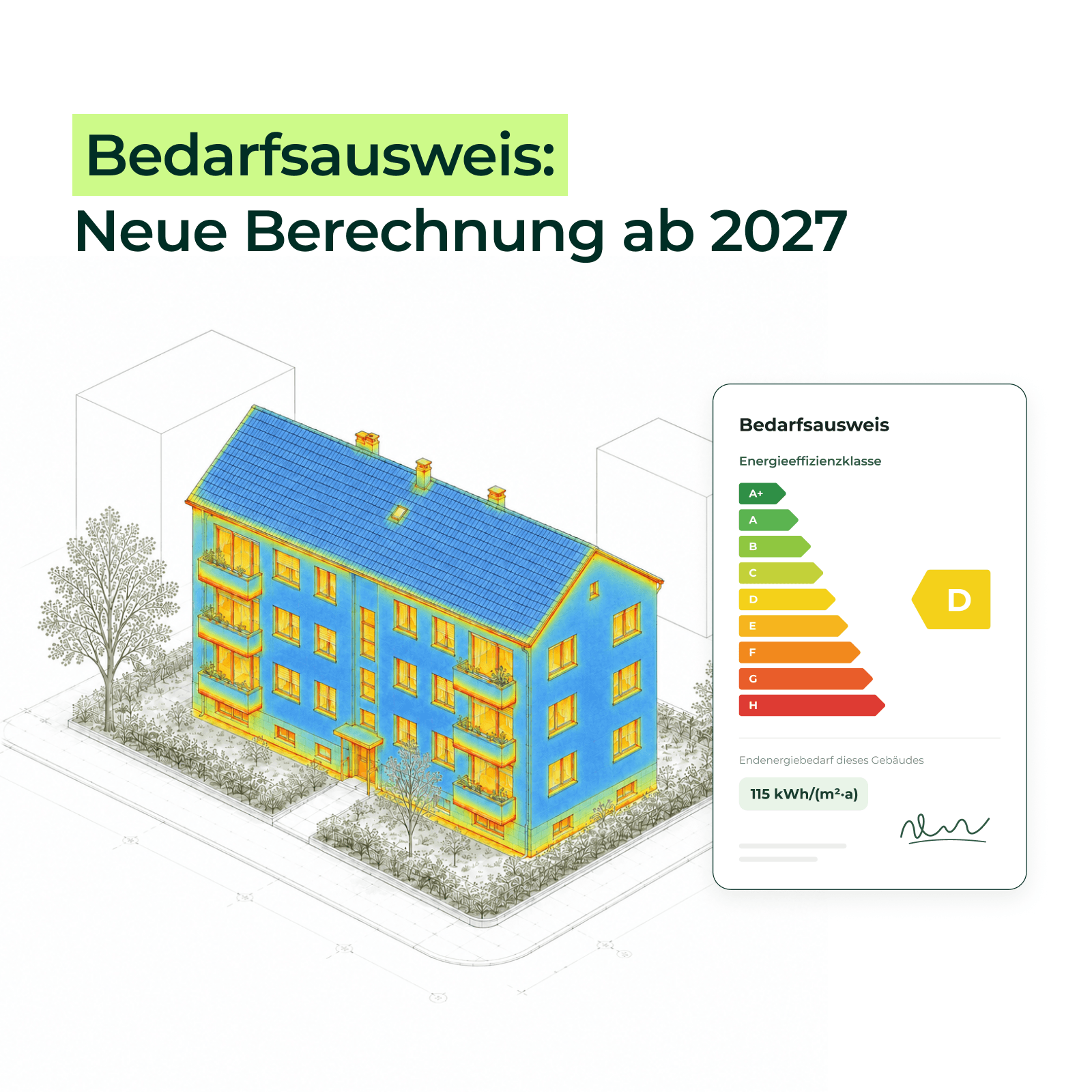 Mehrfamilienhaus als Wärmebild mit Bedarfsausweis, neue Berechnung ab 2027
