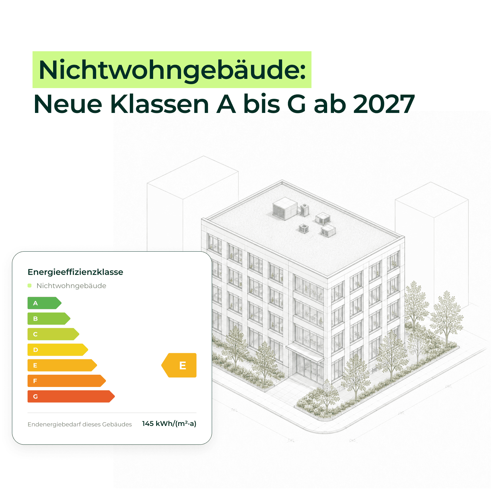 Bürogebäude mit neuer Klassenskala A bis G für Nichtwohngebäude ab 2027